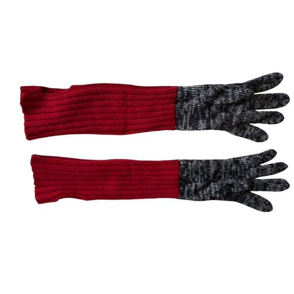 VTG Neiman Marcus Full Finger Knit Long Arm Warmers Gloves Small Red Black - Picture 7 of 9